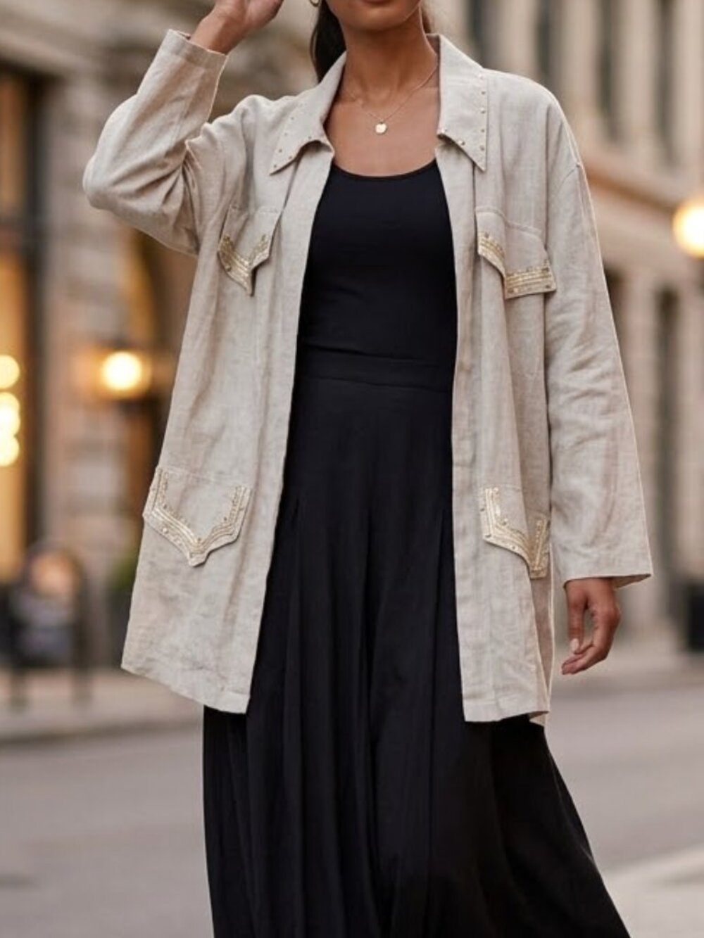 Outlook by Irene Segal linen blend open front beige gold trim jacket, 1X